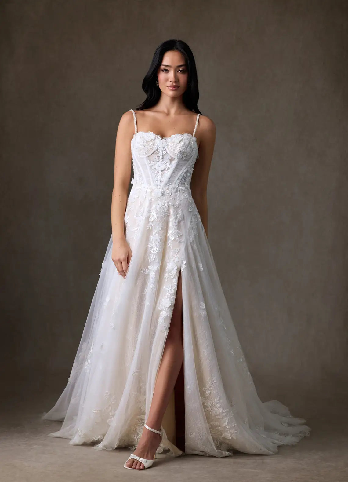 A-line skirt with high front slit Spaghetti Strap Lace A-Line Wedding Dress with Corset Bodice and Slit