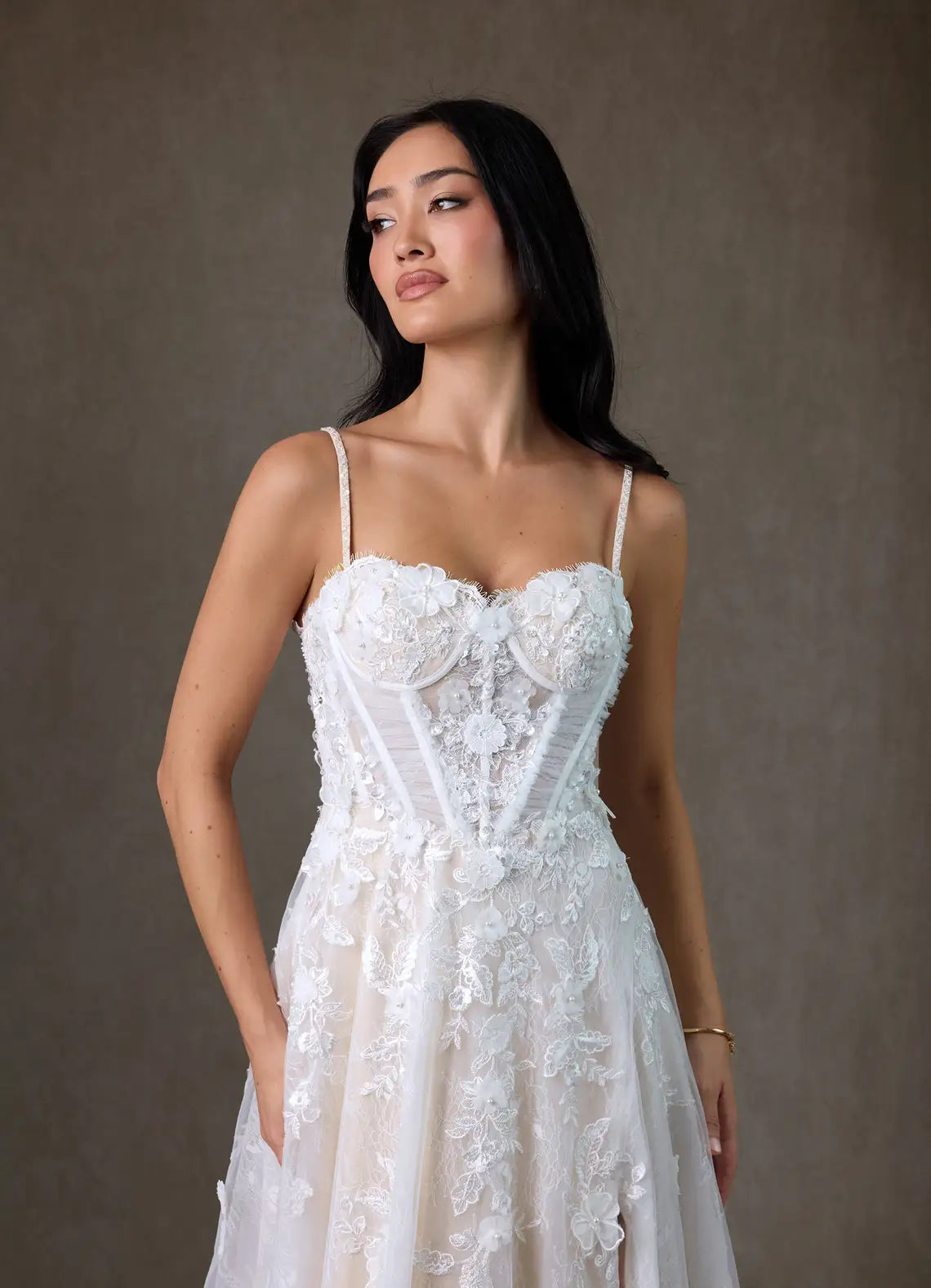 A-line skirt with high front slit Spaghetti Strap Lace A-Line Wedding Dress with Corset Bodice and Slit