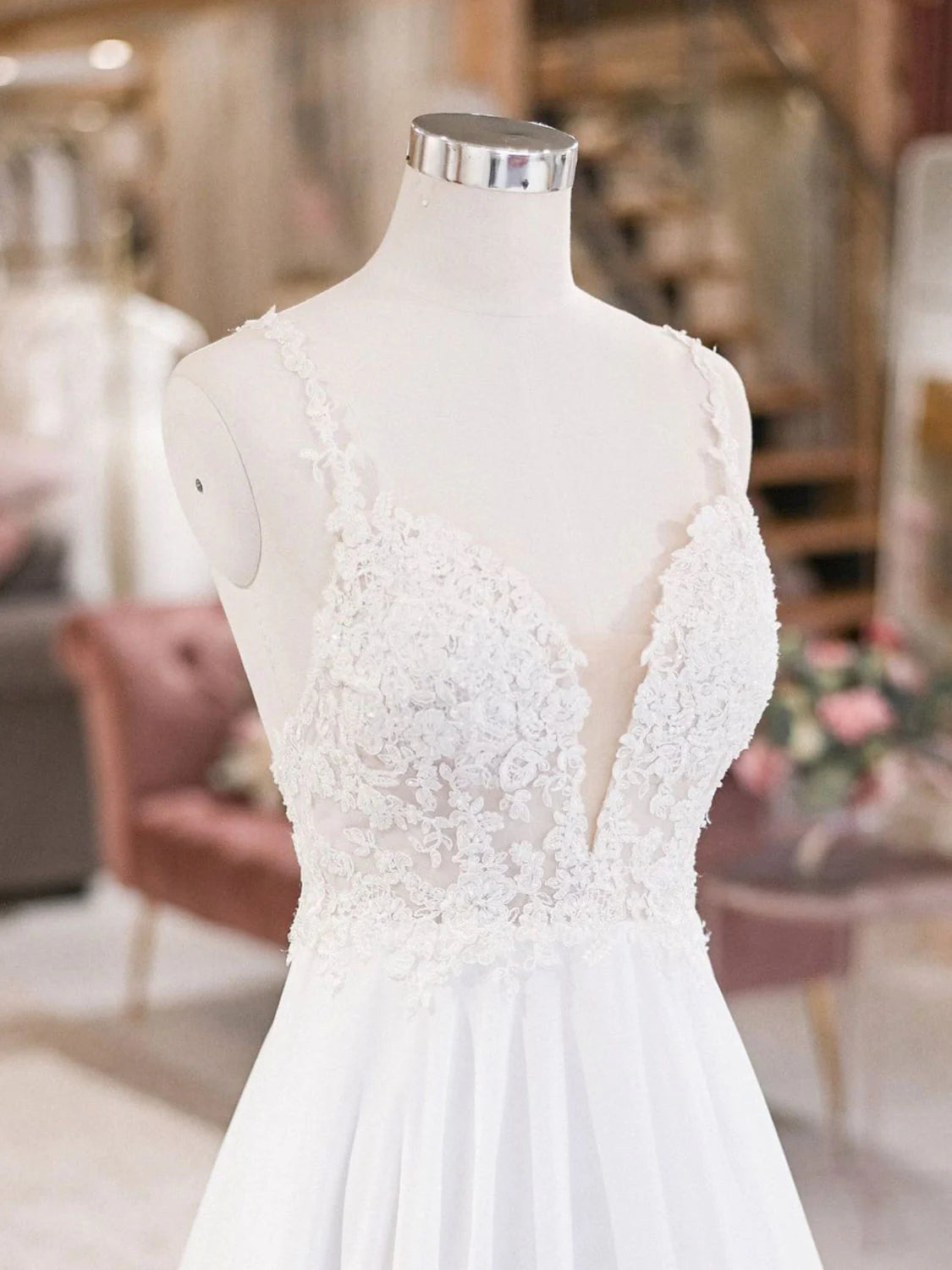 V Neck Lace Chiffon Long Wedding Dress Beach Wedding Dress