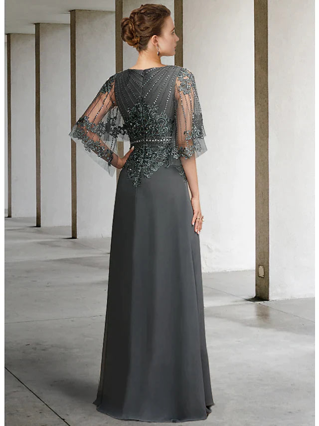 A-Line Mother of the Bride Dress Elegant V Neck Floor Length Chiffon Lace Half Sleeve with Sash Ribbon Appliques