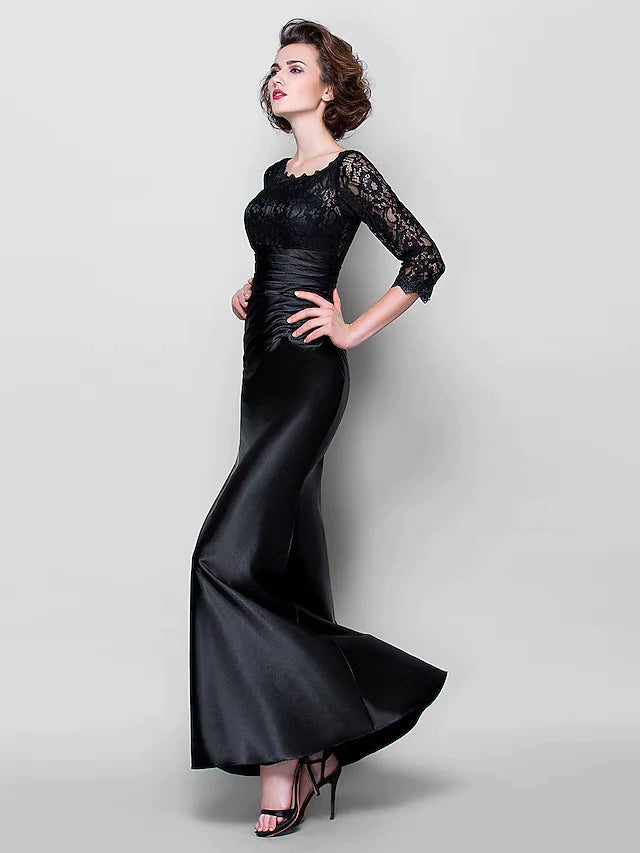 Mother of the Bride Dress See Through Jewel Neck Floor Length Stretch Satin Lace Over Satin Length Sleeve with Lace Ruched Side Draping