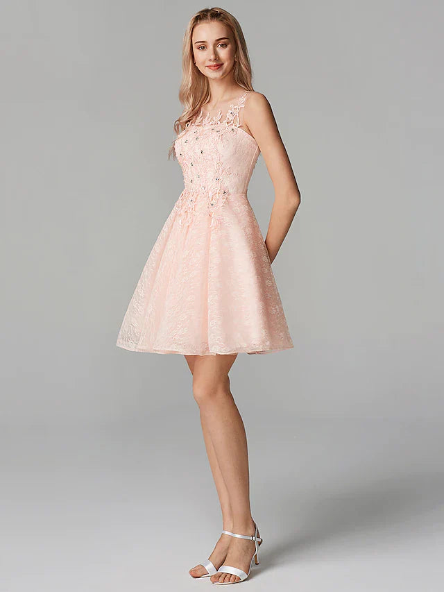 DingjiA-Line Sparkle Homecoming Cocktail Party Dress Pink Illusion Neck Sleeveless Short Mini Tulle Floral Lace with Sequin Appliques