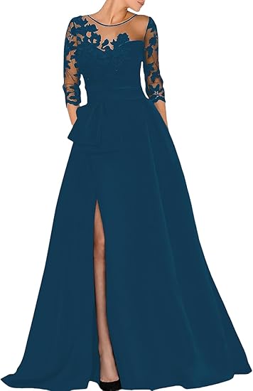 A-Line Elegant Mother of the Bride Dresses Court Train Jewel Neck 3/4 Sleeve Evening Dress with Beading Slit Appliques