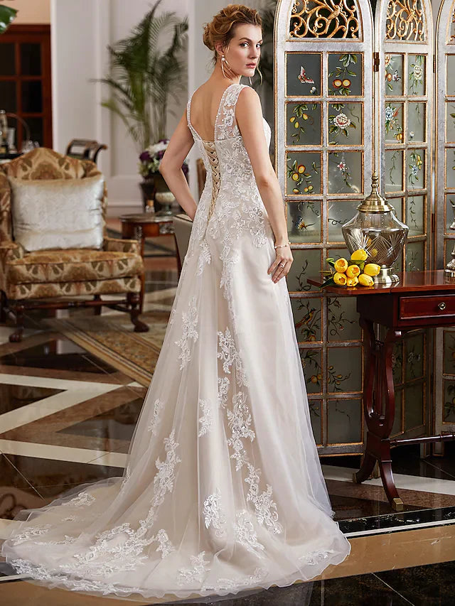 DingjiA-Line Wedding Dresses V Neck Court Train Lace Tulle Regular Straps Romantic Illusion Detail with Beading Appliques