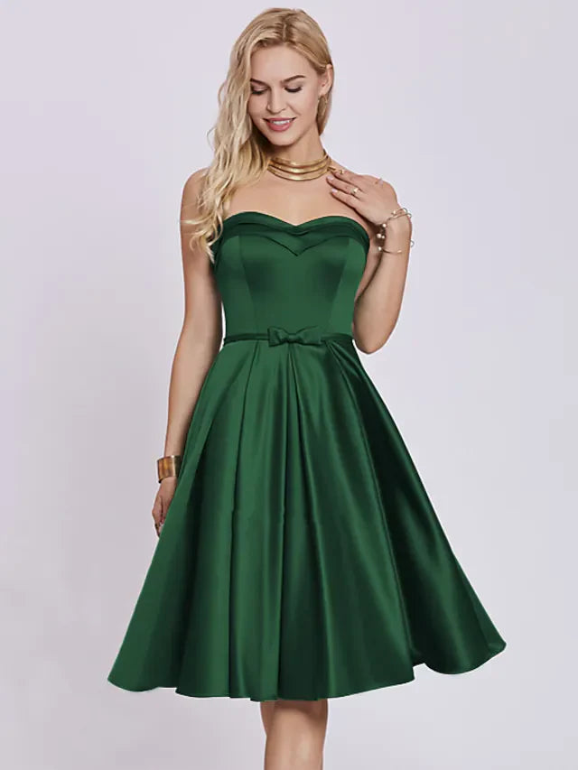 DingjiA-Line Minimalist Elegant Engagement Cocktail Party Dress Strapless Sleeveless Knee Length Satin with Bow(s) Pleats