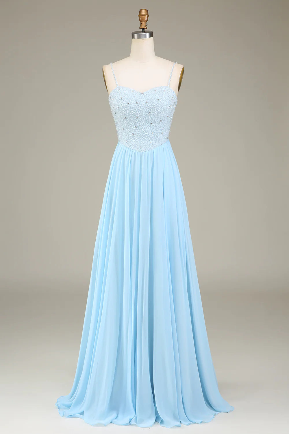 Sky Blue A-Line Spaghetti Straps Chiffon Long Bridesmaid Dress With Beading