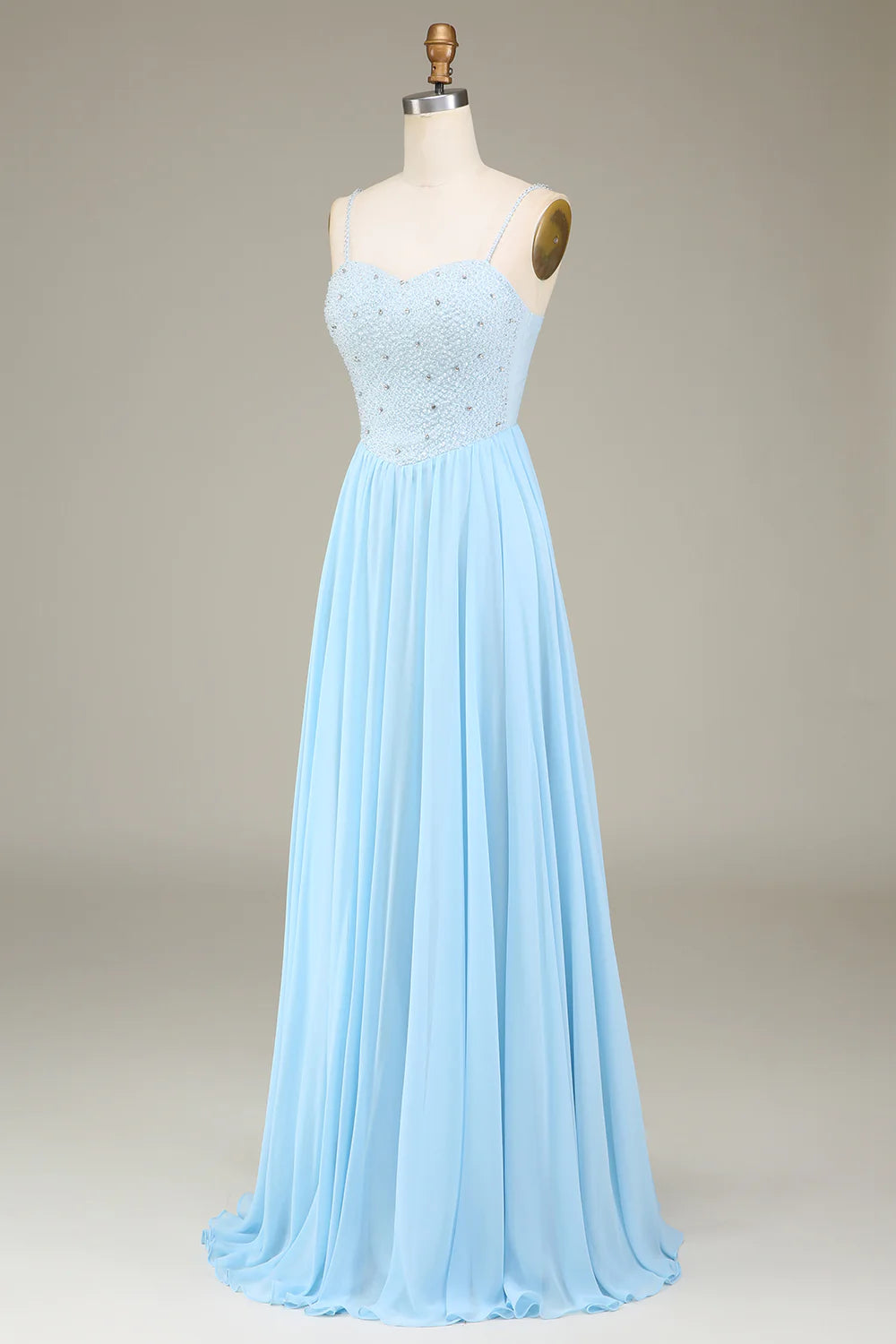 Sky Blue A-Line Spaghetti Straps Chiffon Long Bridesmaid Dress With Beading