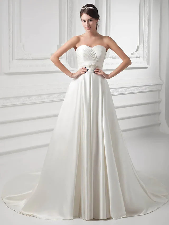 DingjiA-Line Wedding Dresses Sweetheart Neckline Court Train Satin Strapless with Buttons Ruched Beading