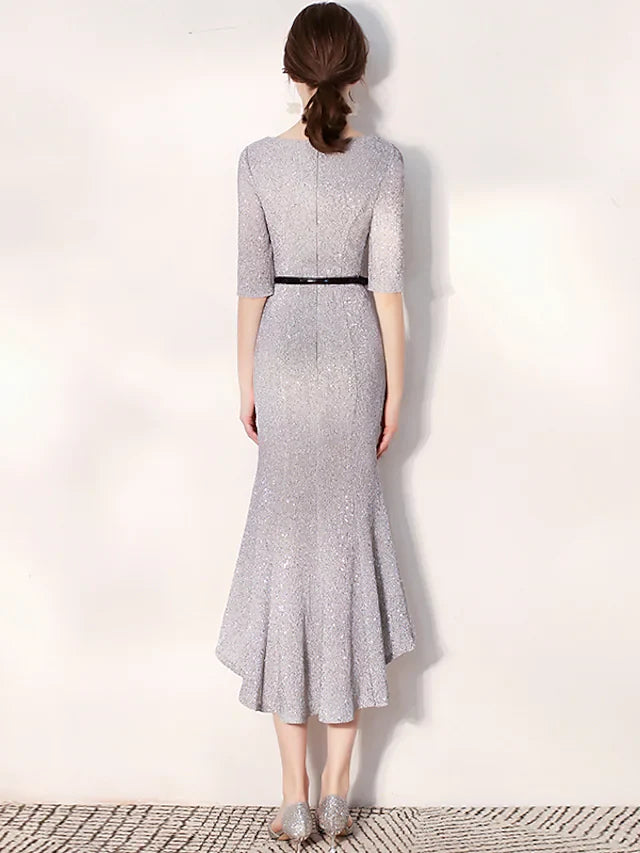 DingjiGlittering Elegant Homecoming Cocktail Party Dress Jewel Neck Long Sleeve Tea Length Sequined with Sash Ribbon Sequin Ruffles