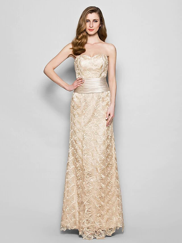 Mother of the Bride Dress Wrap Included Sweetheart Neckline Floor Length Lace Satin 3/4 Length Sleeve with Sash Ribbon Ruched