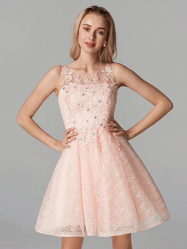 DingjiA-Line Sparkle Homecoming Cocktail Party Dress Pink Illusion Neck Sleeveless Short Mini Tulle Floral Lace with Sequin Appliques