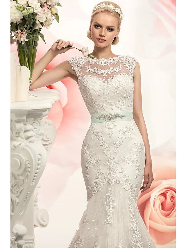 DingjiMermaid Trumpet Wedding Dresses Jewel Neck Court Train Lace Tulle Cap Sleeve with Appliques