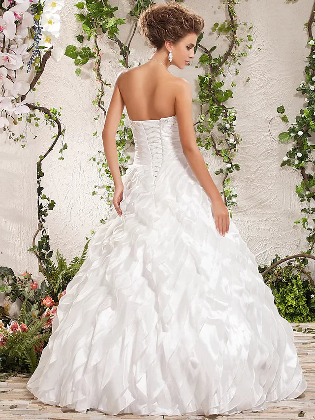 Ball Gown Wedding Dresses Strapless Floor Length Taffeta Sleeveless with Beading Cascading Ruffle Criss-Cross