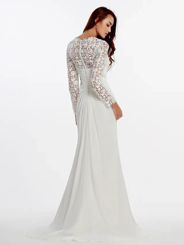 DingjiA-Line Wedding Dresses Jewel Neck Chapel Train Satin Long Sleeve Simple Plus Size Elegant