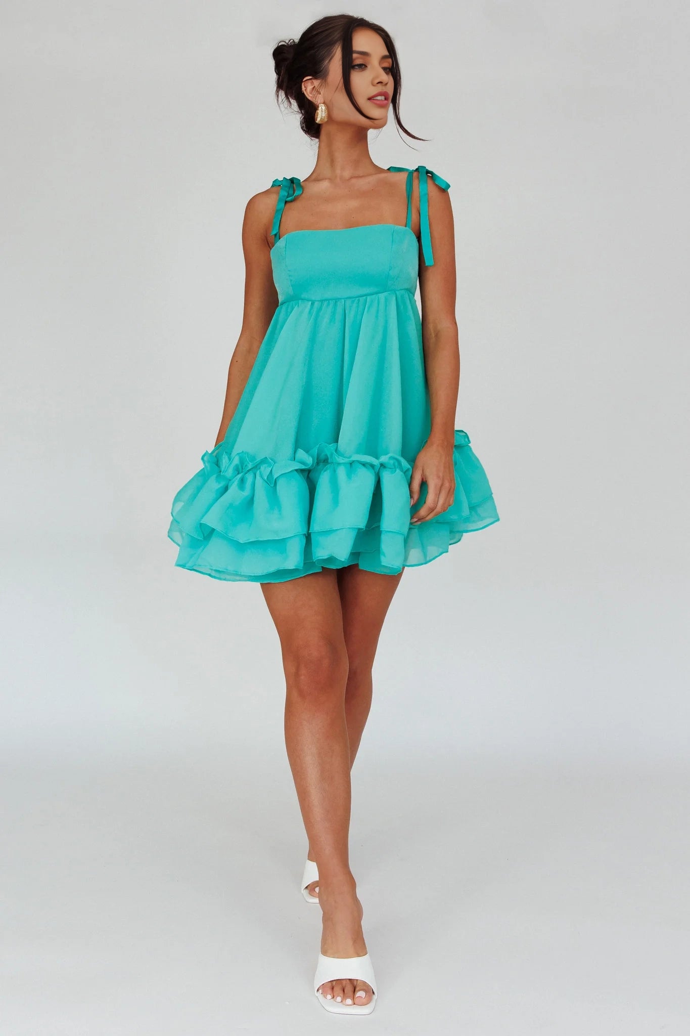 Absolutely stunning lace up shoulder design, square neckline with layered pleats, hem with zipper at the back, Homecoming Dresses