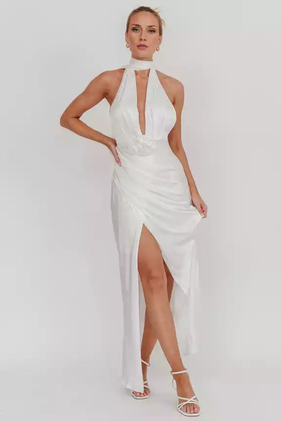 Absolutely stunning satin ultra long deep V-neck, backless, detachable rose leg slits, invisible back zipper Prom Dresses