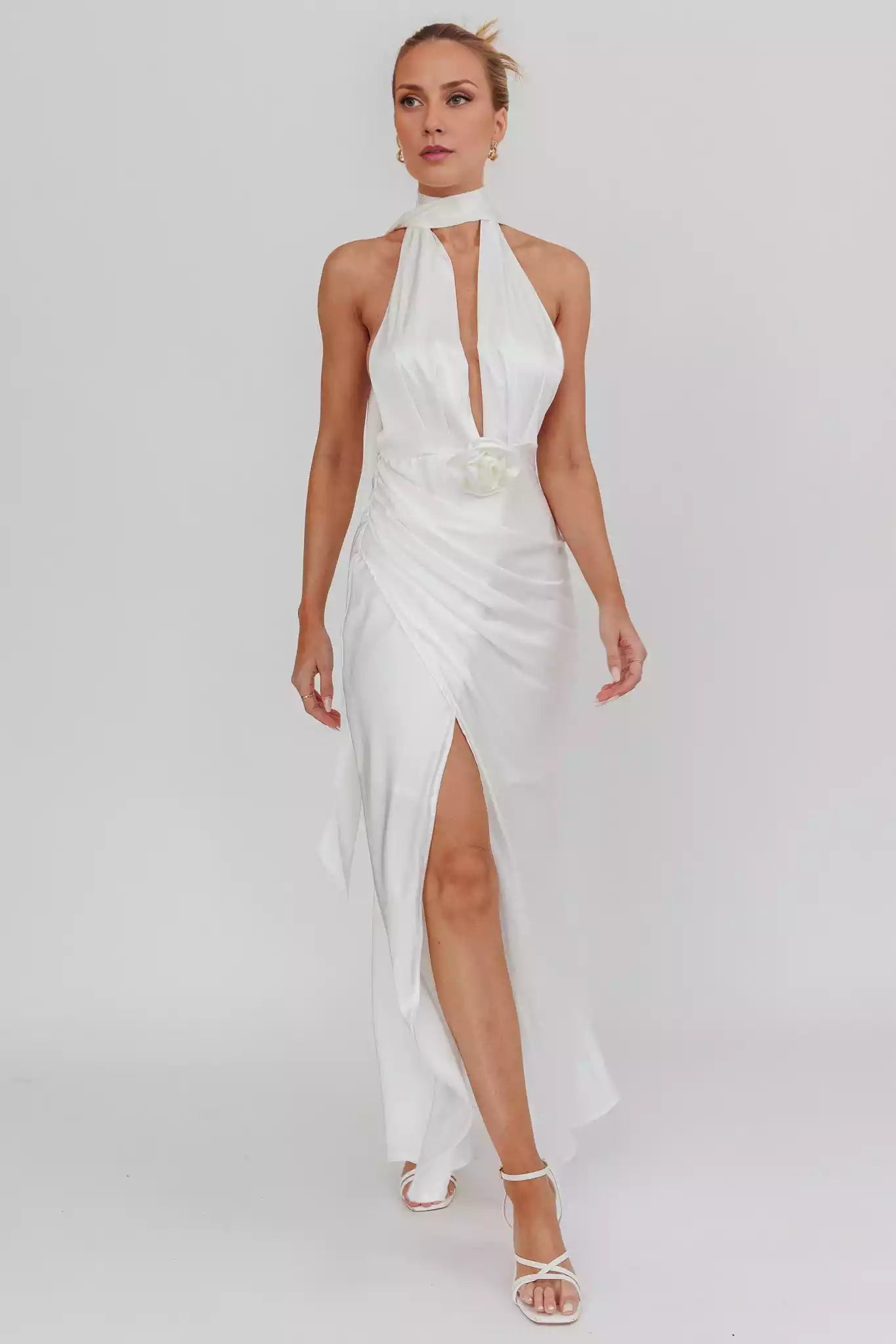 Absolutely stunning satin ultra long deep V-neck, backless, detachable rose leg slits, invisible back zipper Prom Dresses