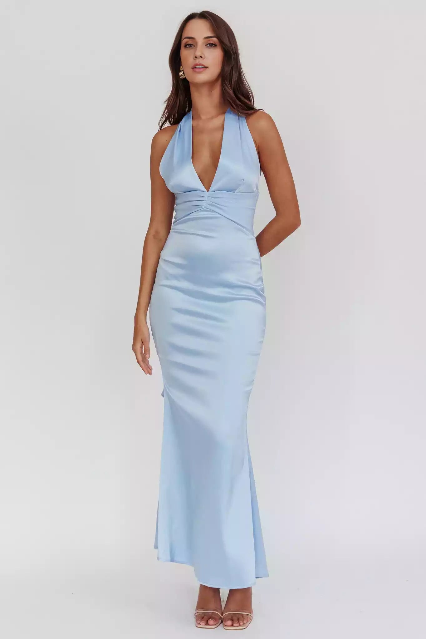 Absolutely stunning satin ultra long deep V-neck hanging neck long tie backless unlined invisible back zipper Prom Dresses