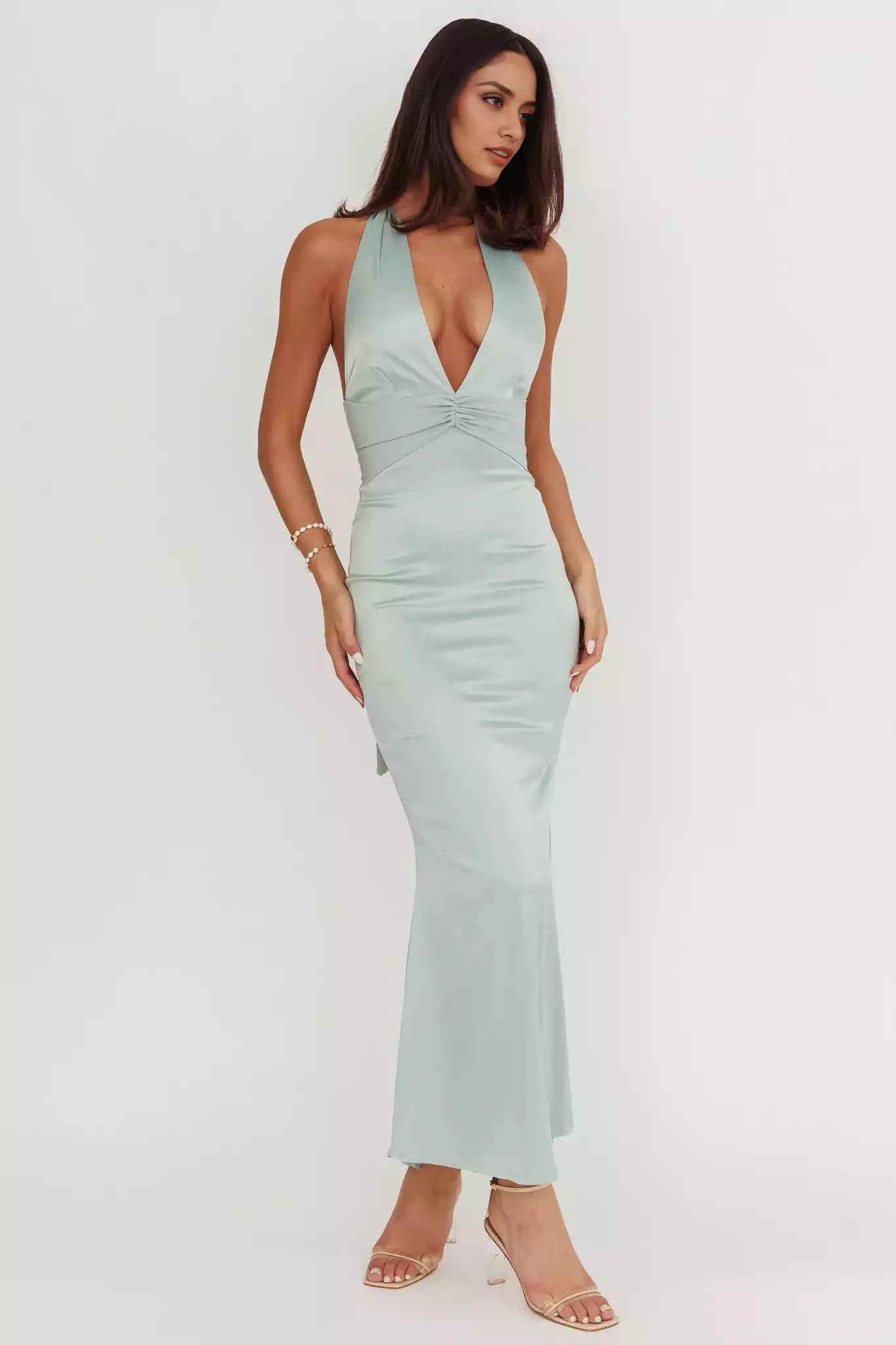 Absolutely stunning satin ultra long deep V-neck hanging neck long tie backless unlined invisible back zipper Prom Dresses