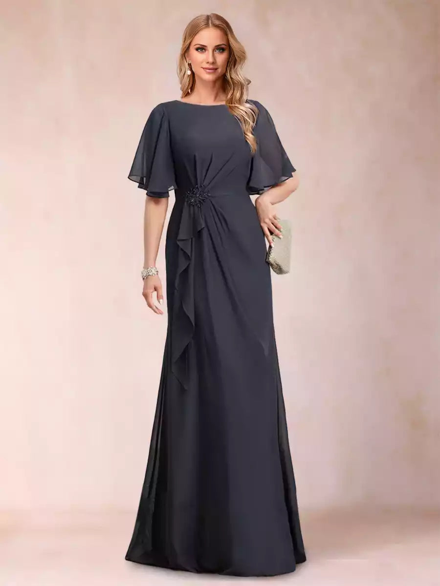 A charming A-line/princess style black chiffon with decals and ruffles Mother of the Bride Dresses