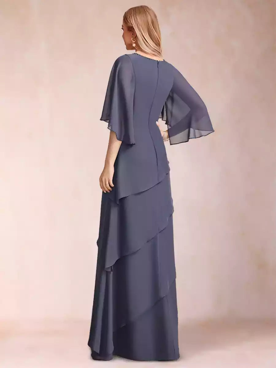 A charming A-line/princess style round neck half sleeved ruffled edges and beaded Mother of the Bride Dresses