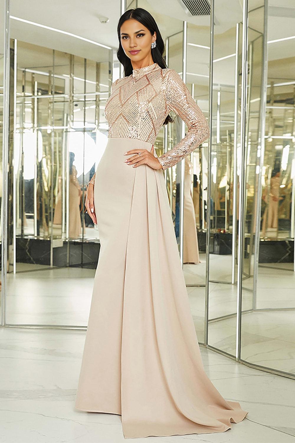 Apricot Mermaid Pleated Mother of the Bride Dress with Long Sleeves