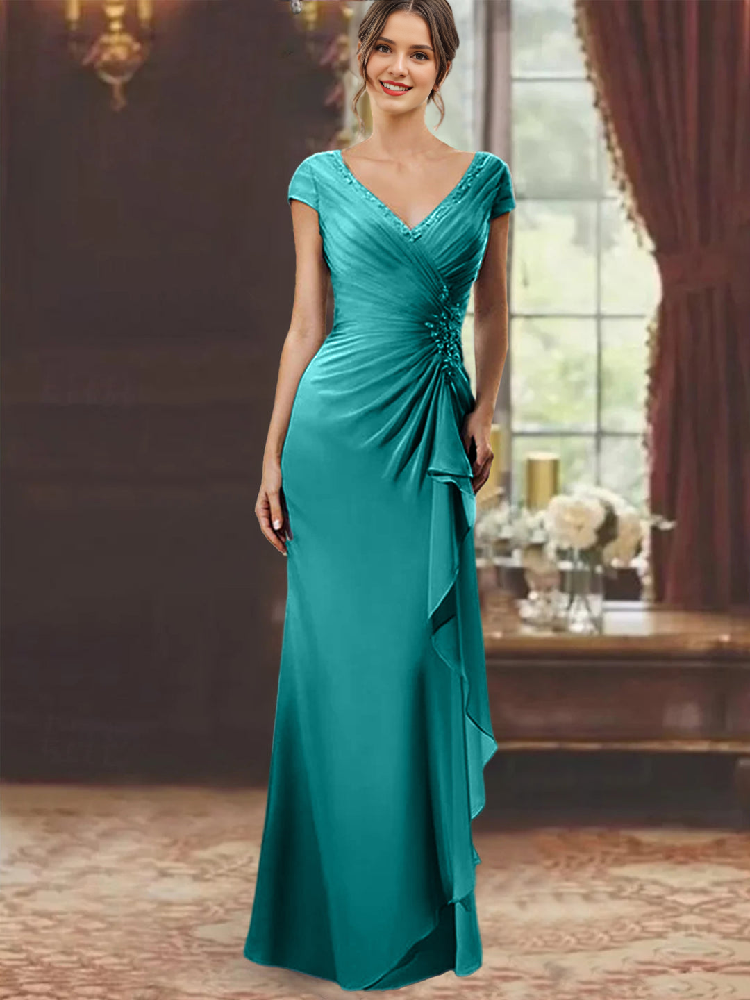 Sheath/Column V-Neck Floor-Length Mother Of The Bride Dresses With Short Sleeves