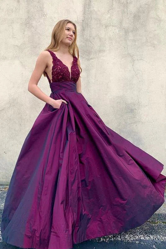 Arrival A Line Backless Prom Dresses V Neck Satin With Applique