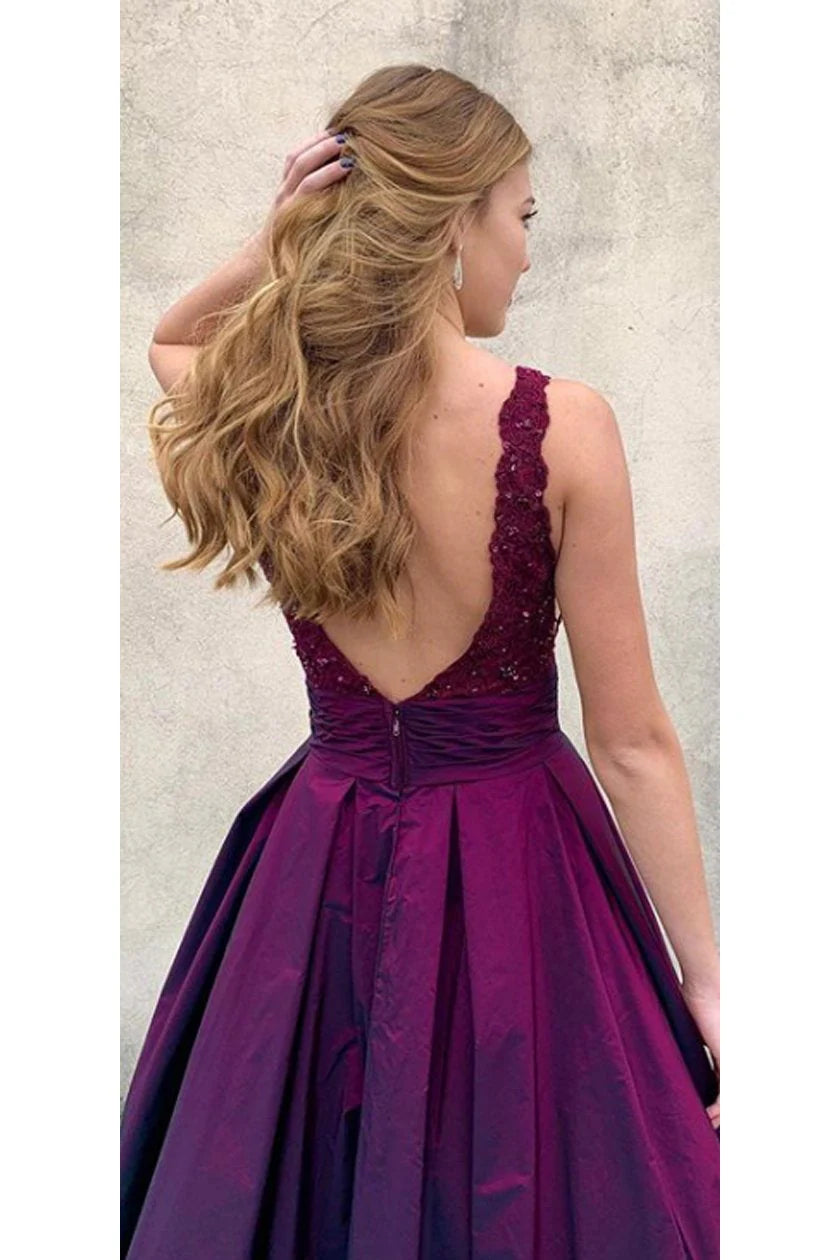 Arrival A Line Backless Prom Dresses V Neck Satin With Applique
