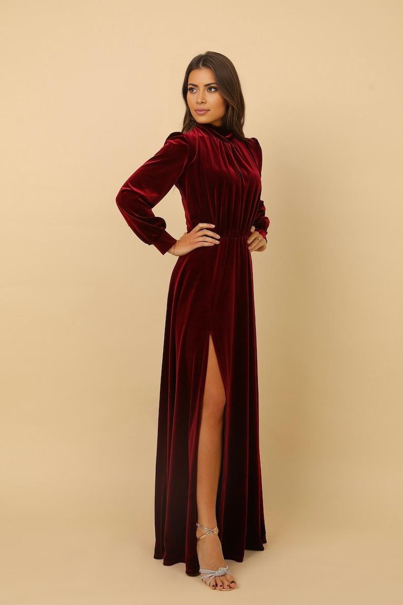 Maid Of Honor Maxi Dress Velvet Dress Prom Dress A Line Dress Reception Dress Long Sleeve Slit Dress