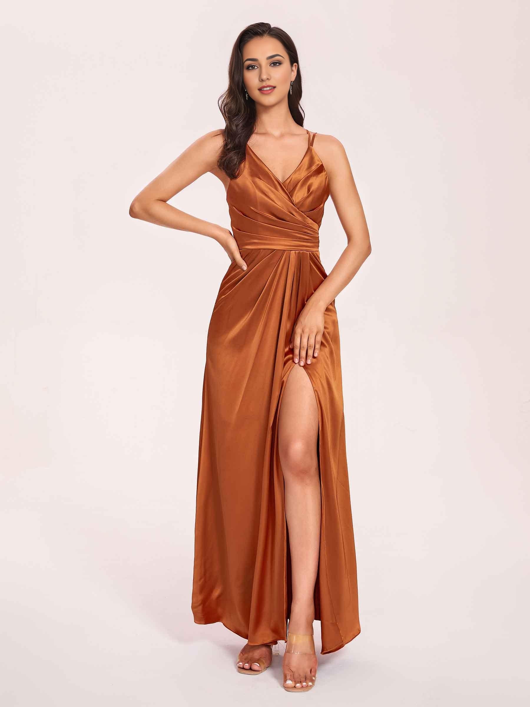 Sexy Satin A-line Prom Dresses Spaghetti Straps Side Slit V-neck Floor Length