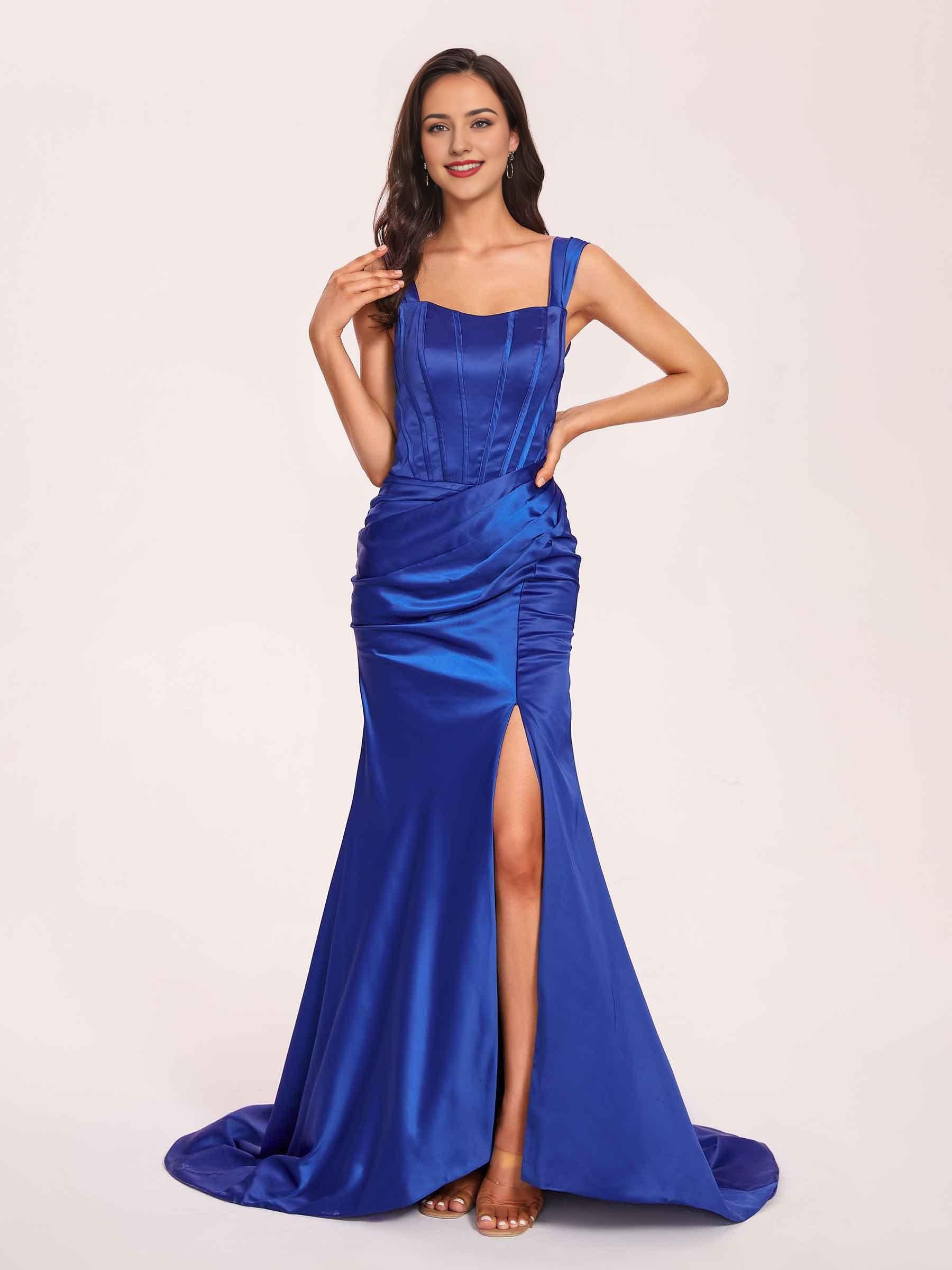 Sexy Satin Square Mermaid Prom Dresses Pleats Side-Slit Floor-Length Sleeveless