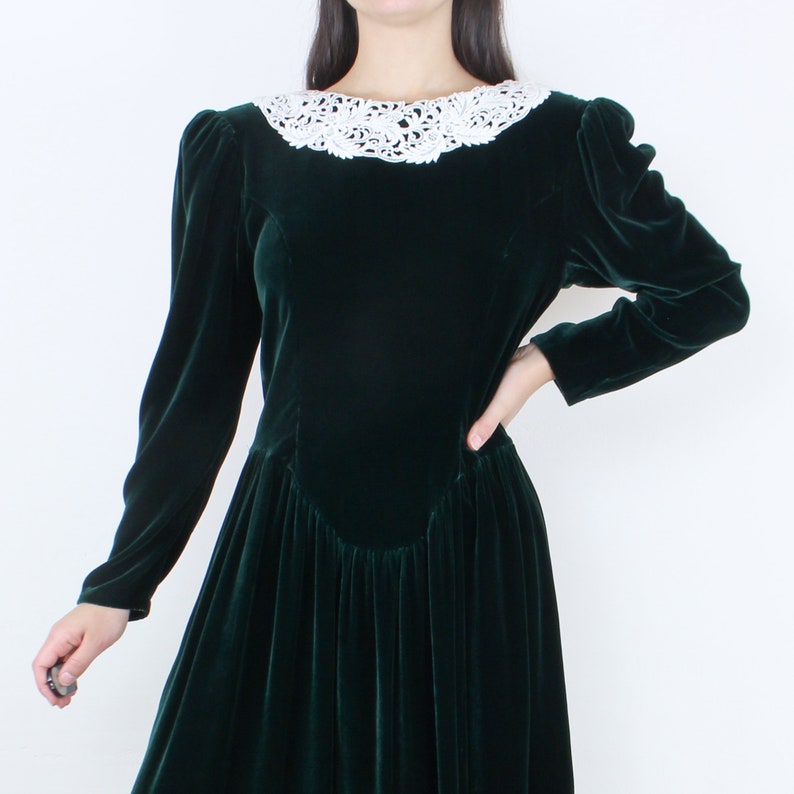 McClintock velvet dress silk blend forest green lace collar low back v-yoke waist full skirt