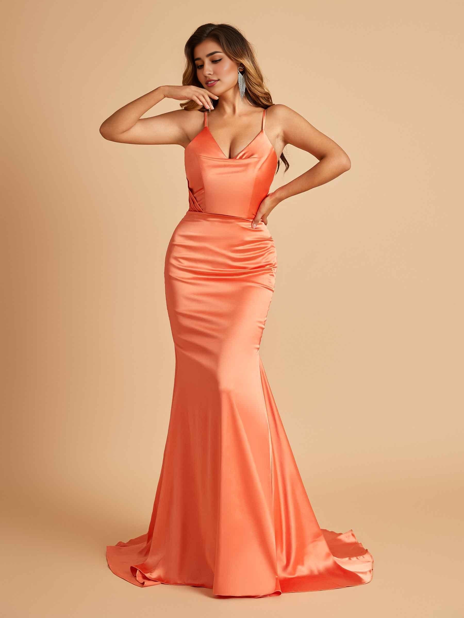 Sexy Satin Mermaid Prom Dresses Spaghetti Straps V-neck Pleats Floor Length