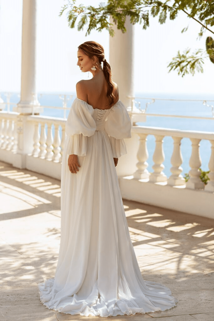 Off Shoulder Wedding Dress - Square Neck wedding dress  Maxi Dress with Sleeves for Wedding
