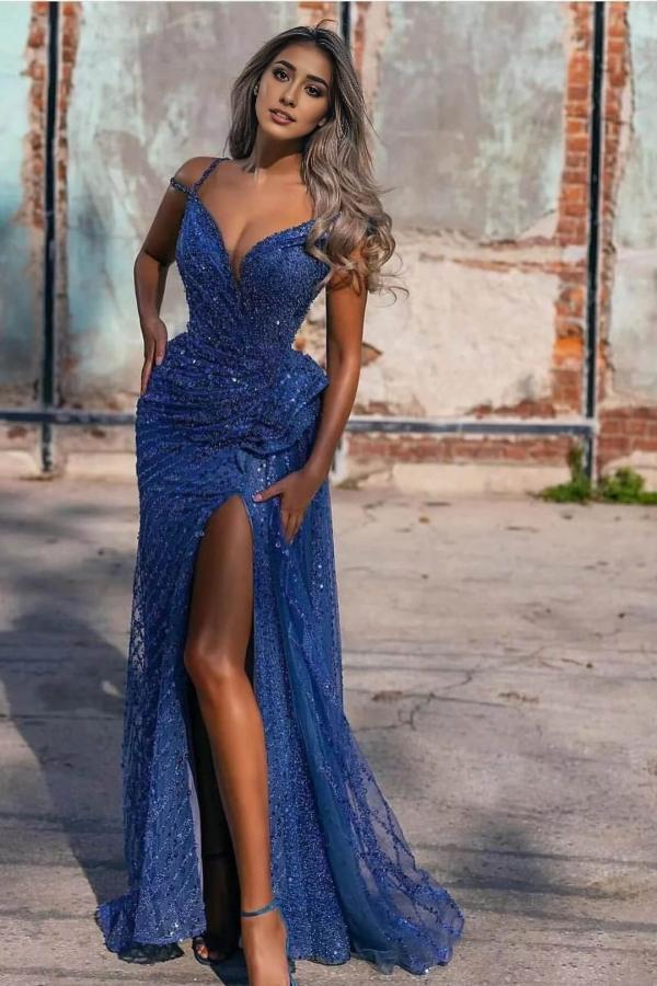 Long Sleeveless Spaghetti Strap Sweetheart Sequins Mermaid Prom Dresses with Slit