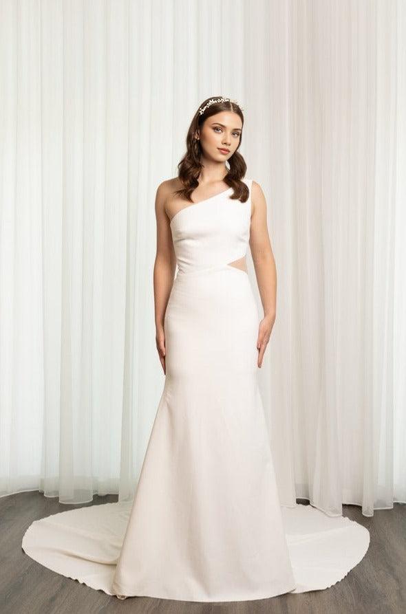 Elegant Fit-and-Flare Wedding Gown with Asymmetric Neckline