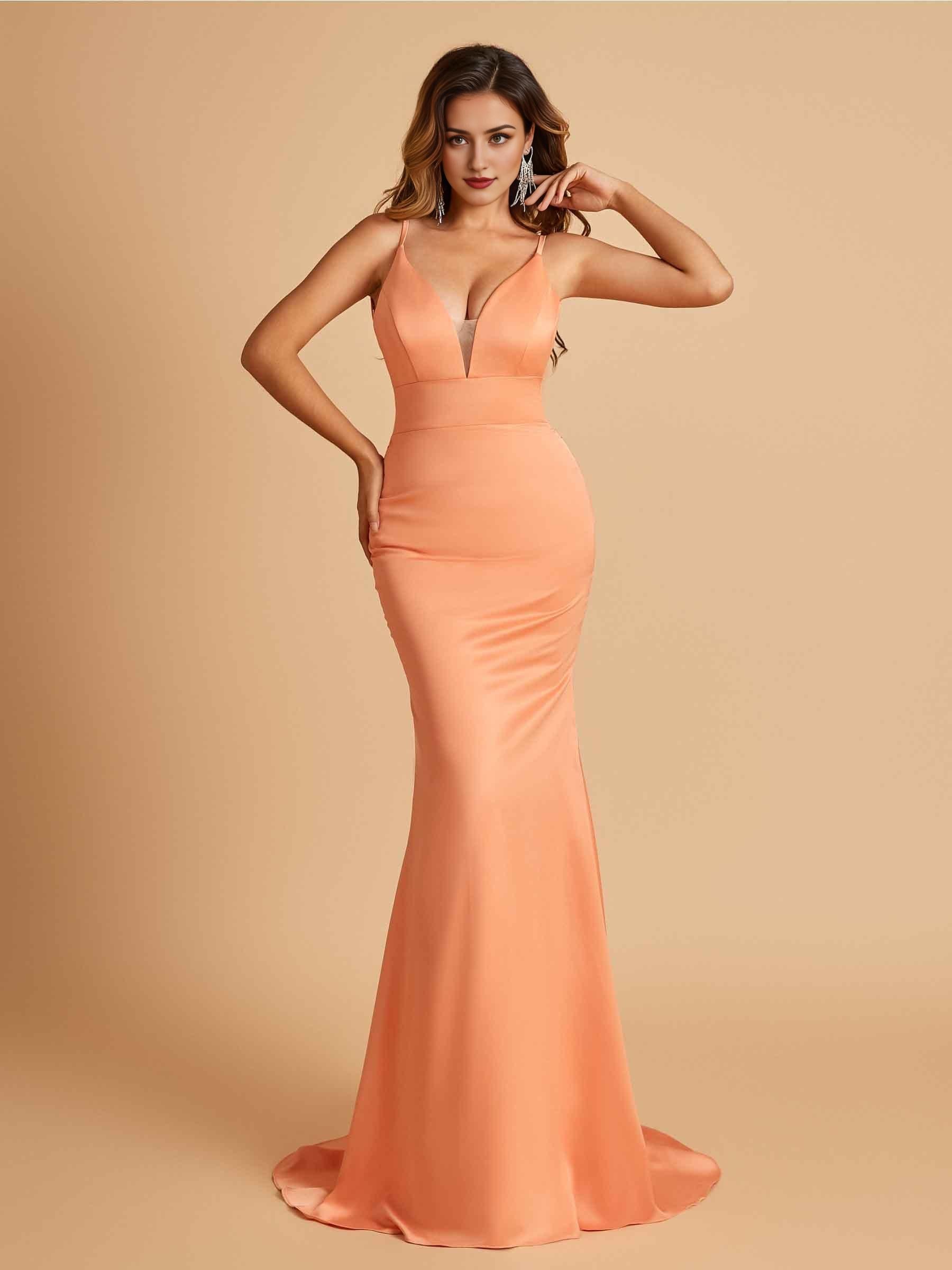 Satin Deep V-neck Mermaid Prom Dresses Open Back Floor Length