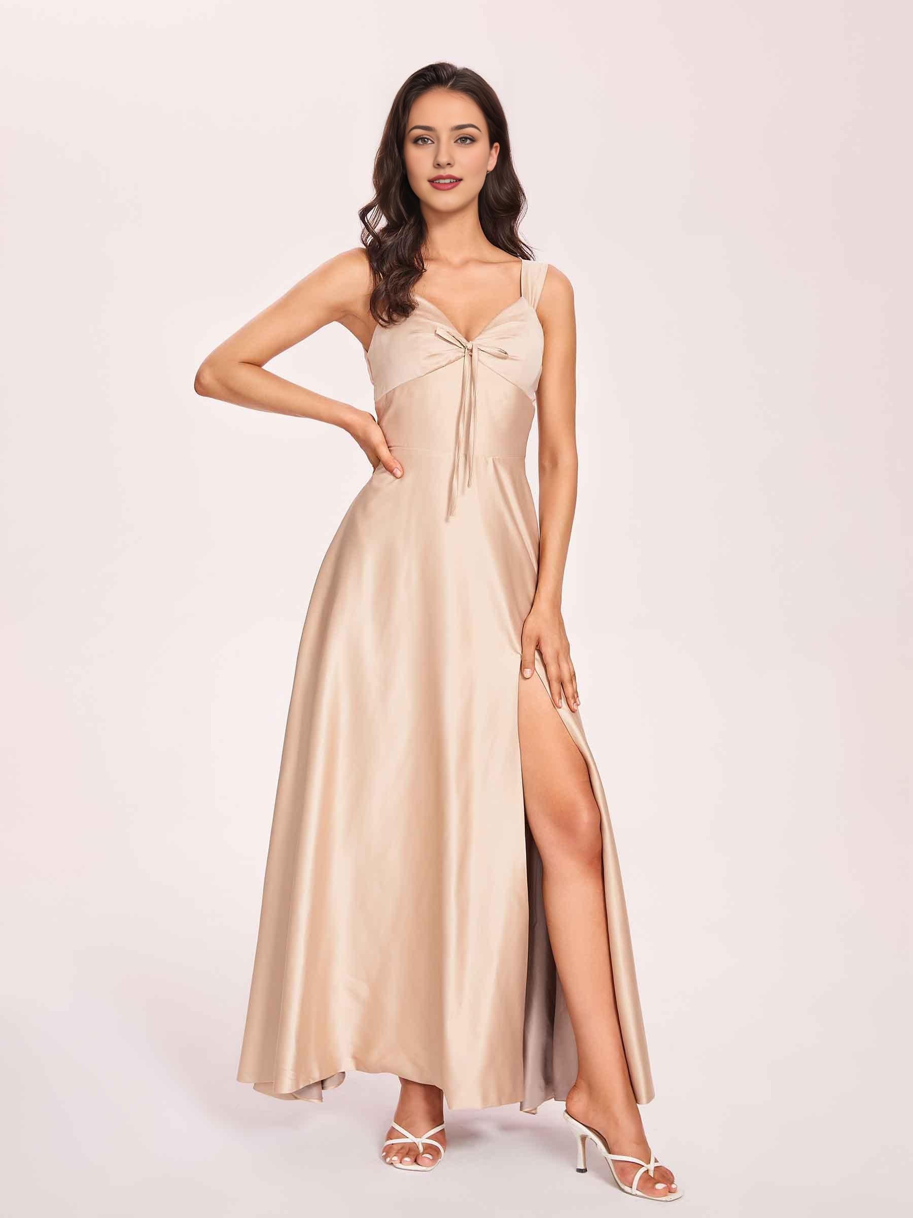 Satin V-neck A-line Prom Dresses Side slit Floor Length
