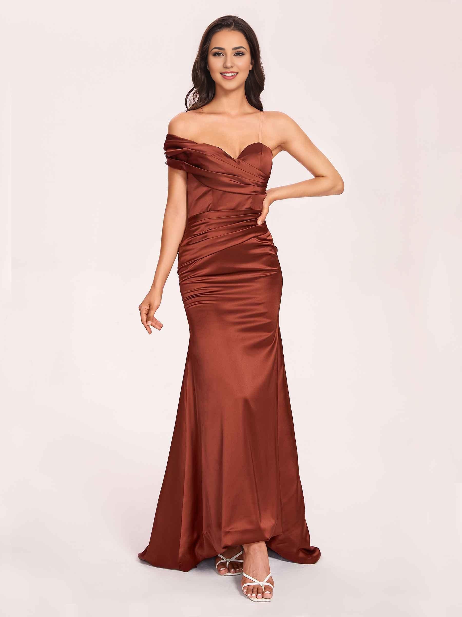Satin One-shoulder Prom Dresses Pleats Floor Length Mermaid Long