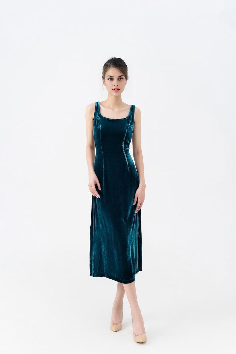 Petrol Mulberry Silk Velvet Prom Dress Luxurious Silk Velvet With Scoop Neck Midi Dress Made to Order Dress