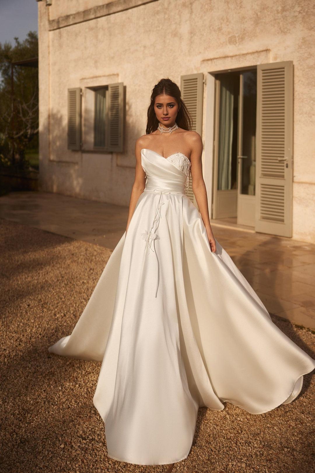 Luxury Satin Strapless Wedding Gown with Beaded Corset and Majestic Train