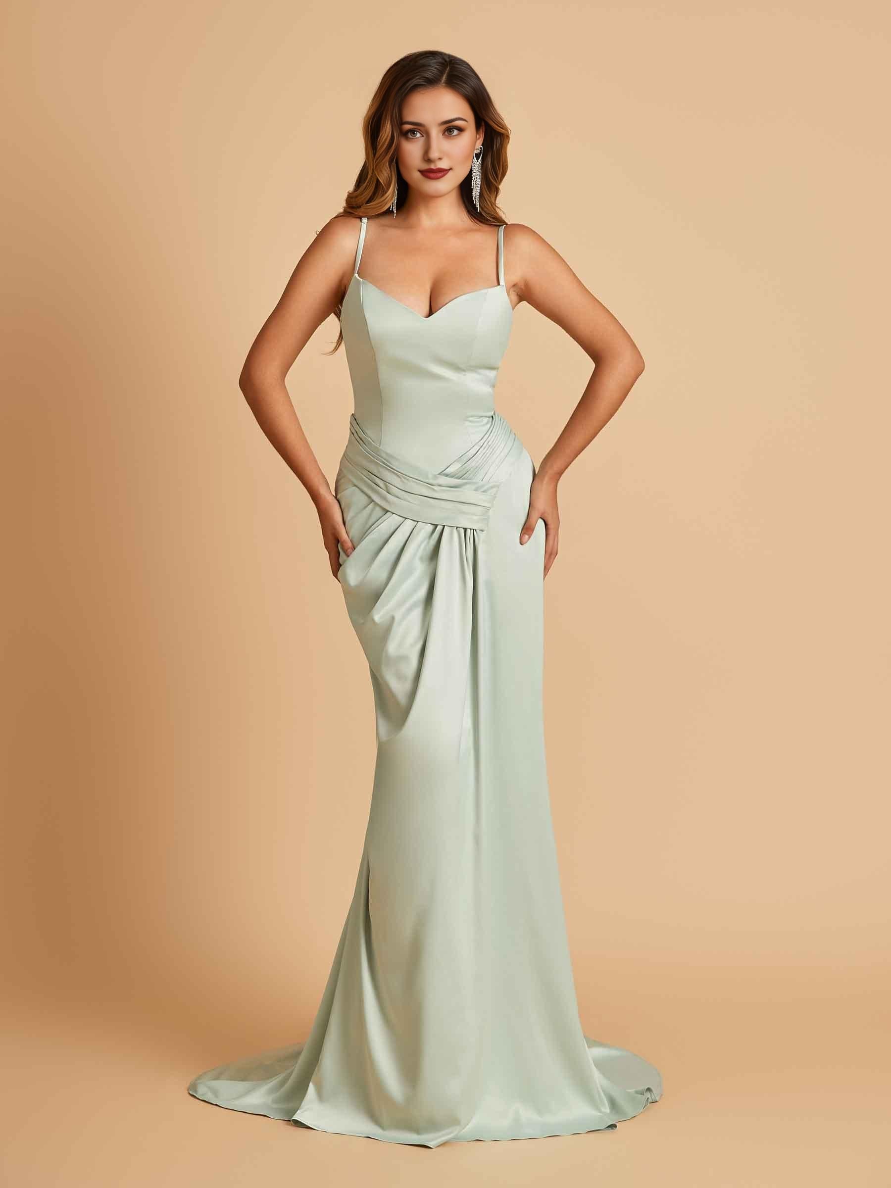 Satin Mermaid Sweetheart Prom Dresses Spaghetti Straps With Pleats Floor Length
