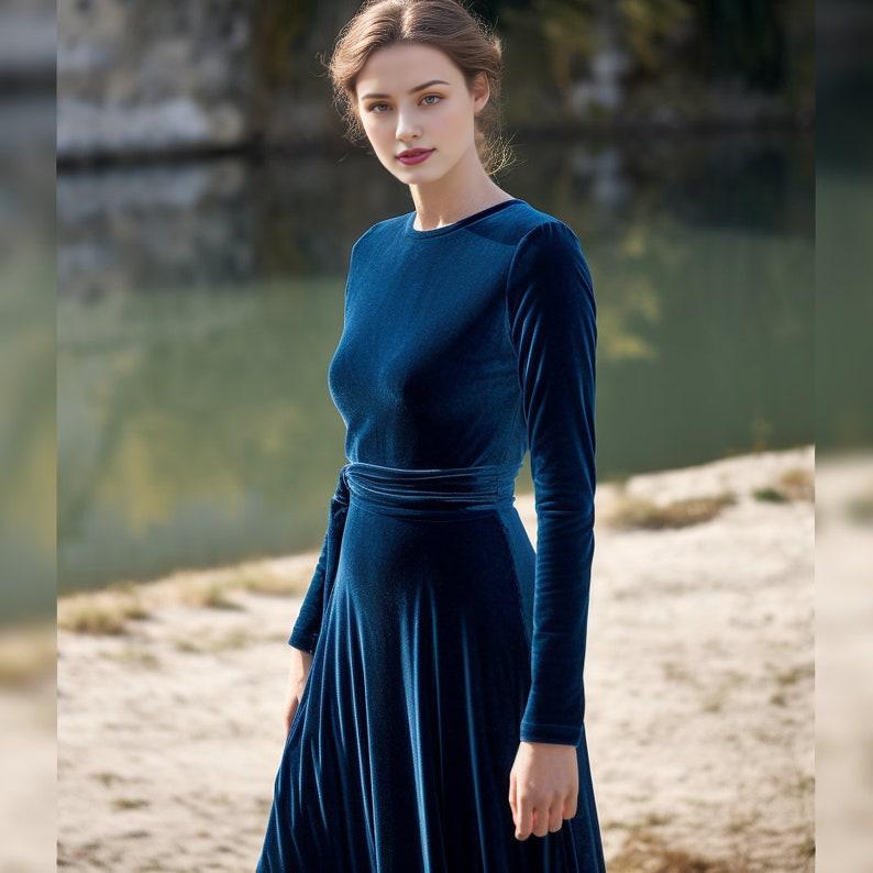 Velvet Midi Dress with Long Sleeves Versatile Crew Neck Design Closed Back Includes Self-Tie Belt Below Knee Length  Fall Fashion