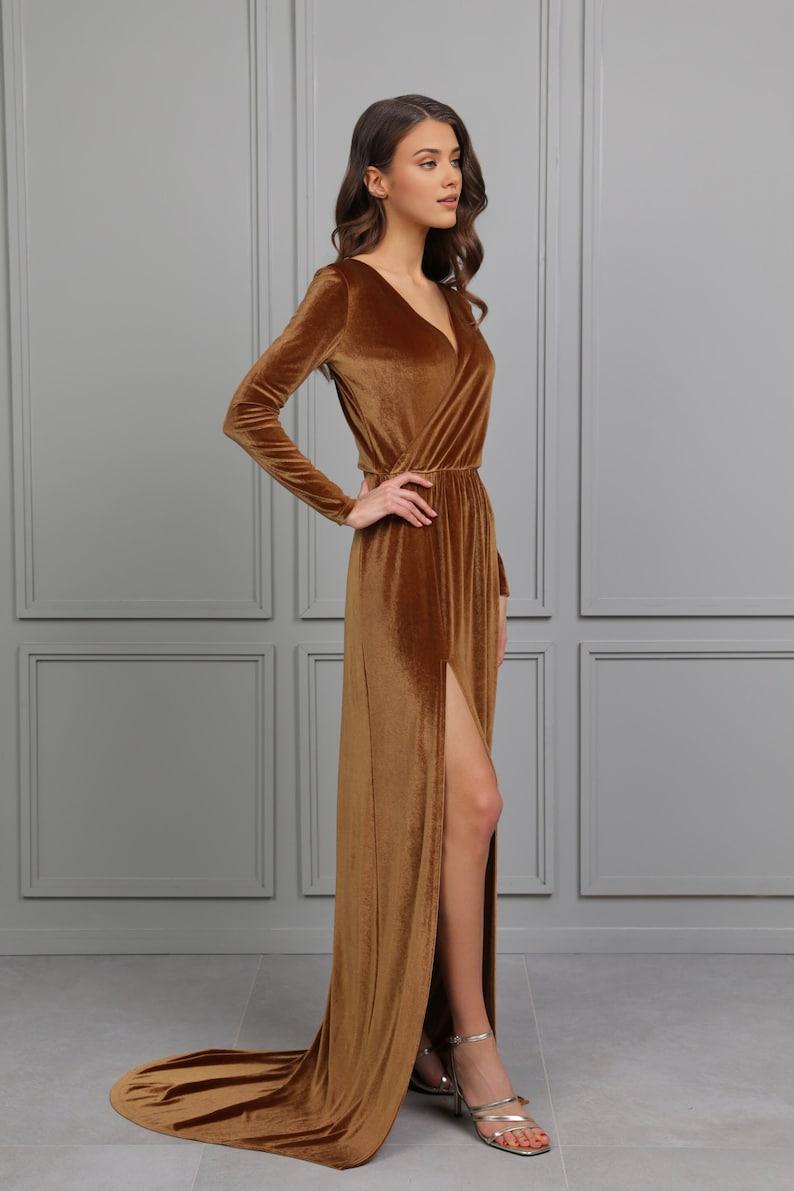 Velvet Dress Prom Dress Slit Dress Evening Dress Maxi Dress Long Sleeve Dress Reception Dress Elegant Dress Formal Dress