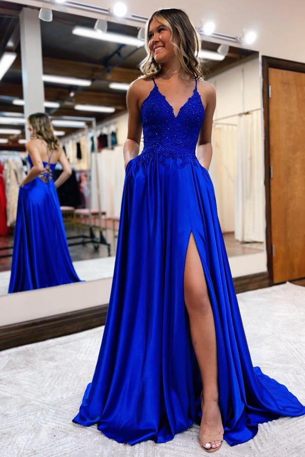 A-line Spaghetti Strap Floor-Length Satin Front Slit Prom Dresses with Pockets