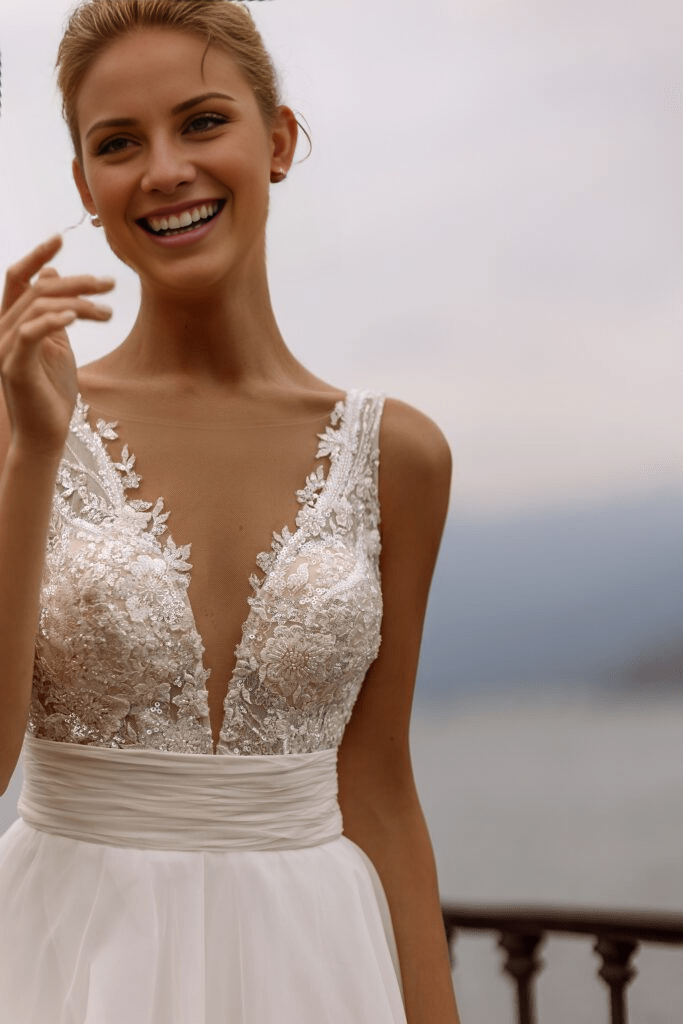 Lace Bodice Wedding Gown Open Back Wedding Dress with Lace Strap - Sleeveless Ball Gown Wedding Dress with V