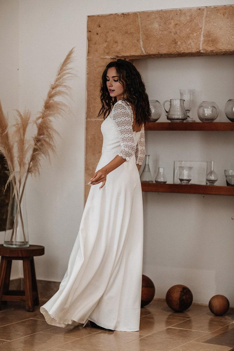 Minimalist And Modest Wedding Dress Square Neckline Simple Open Back Bridal Gown Floral Macrame Rustic Wedding