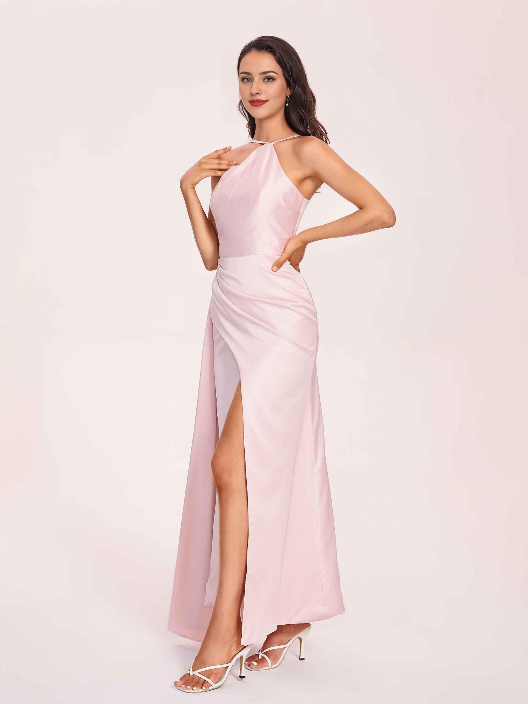 Sexy Satin Halter Strap Sheath Prom Dresses Side Slit Pleats Floor Length
