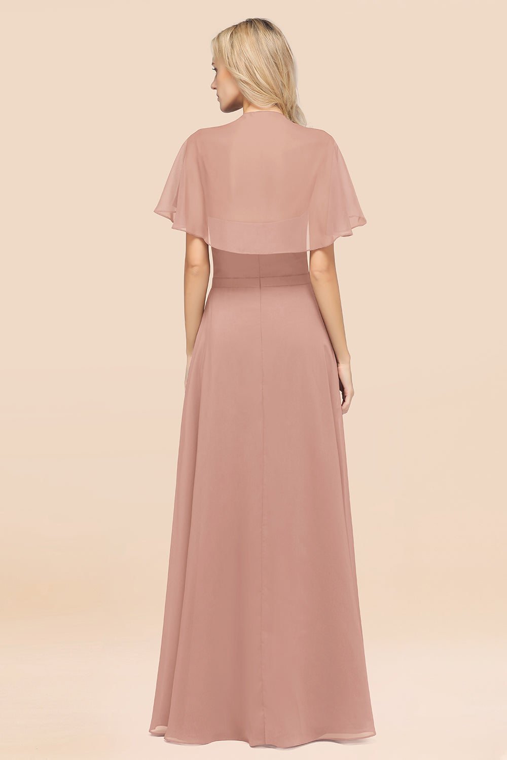 Long A Line V Neck Chiffon Floor-Length Bridesmaid Dress with Sleeves